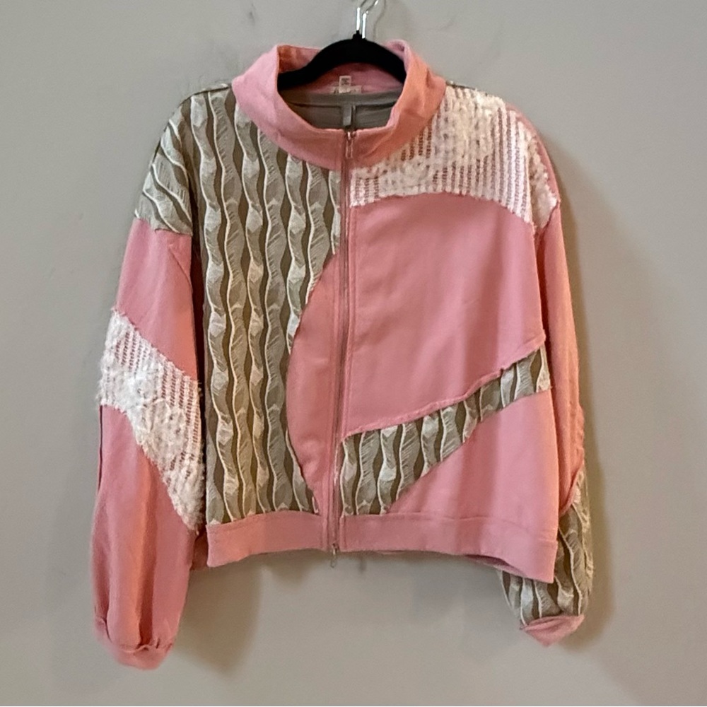 POL 2 piece Outfit, Pink, Cream, and Green Bomber Jacket and Pant, Size Medium - Picture 7 of 16